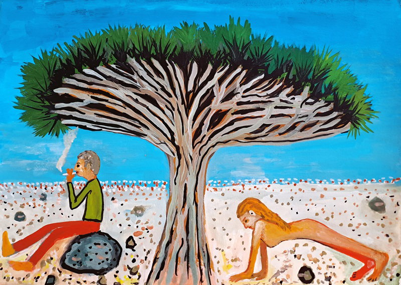 Zamir Shatz, In Socotra, every morning under the Dragons Blood Tree, Bella did push ups, 2026, Gouache on paper, 30x40 cm