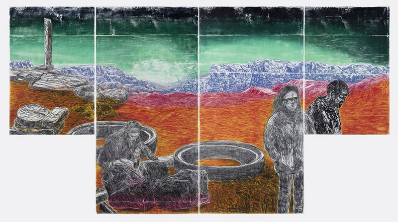 אורית חופשי, רישום, Transitory 2025, 200 x 360 cm, שבר זמן, הדפס עץ , ראבינג, צילום: יגאל פרדו