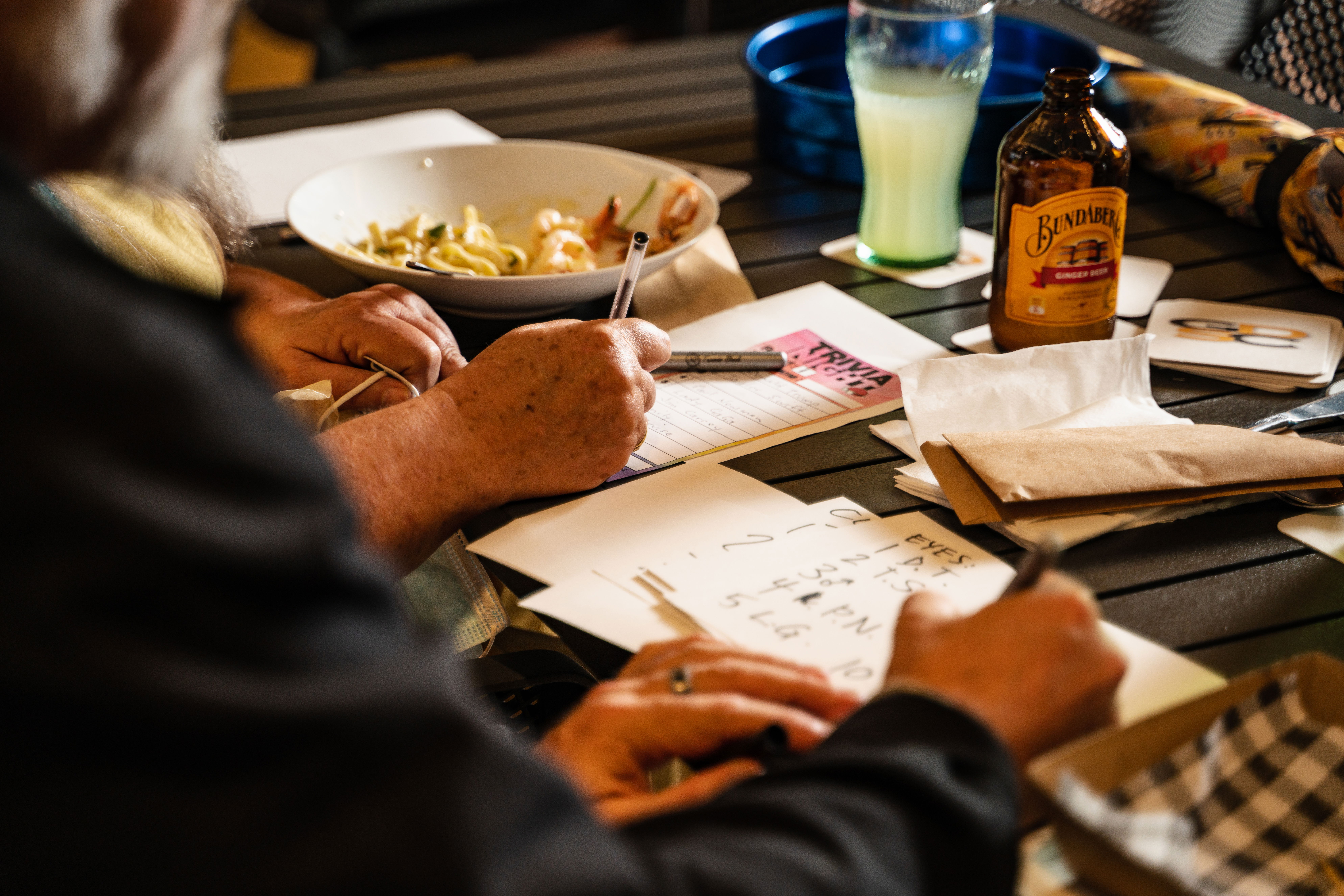 Image of Trivia Players writing answer on Pub Trivia Australia answer sheets to fun night of trivia increasing restaurant footfall and turning a quiet weeknight into a thriving night