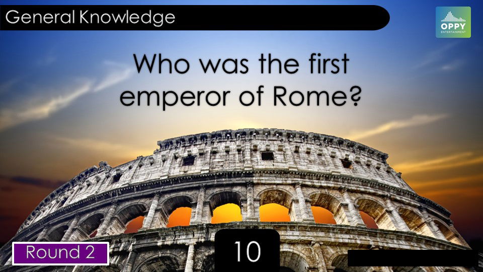 example of Pub Trivia Australia Big Screen Trivia Question showing Colleseum and asking who the first emperor of Rome was.