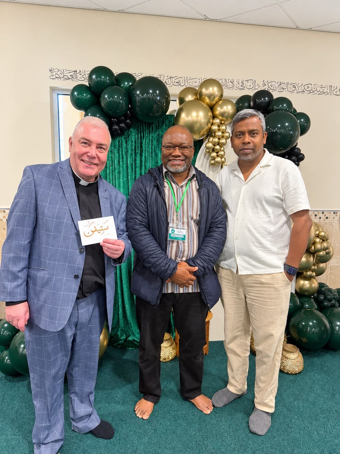 From left: Revd Steve Holt, Chair of The Centre for Reconciliation; Semiu Adesina Gbadebo, Trustee of Lincoln Central Mosque & Cultural Centre; and Subash Chellaiah, Founder and Executive Director of The Centre for Reconciliation, at the Visit My Mosque Open Day in Lincoln on 20 September 2026