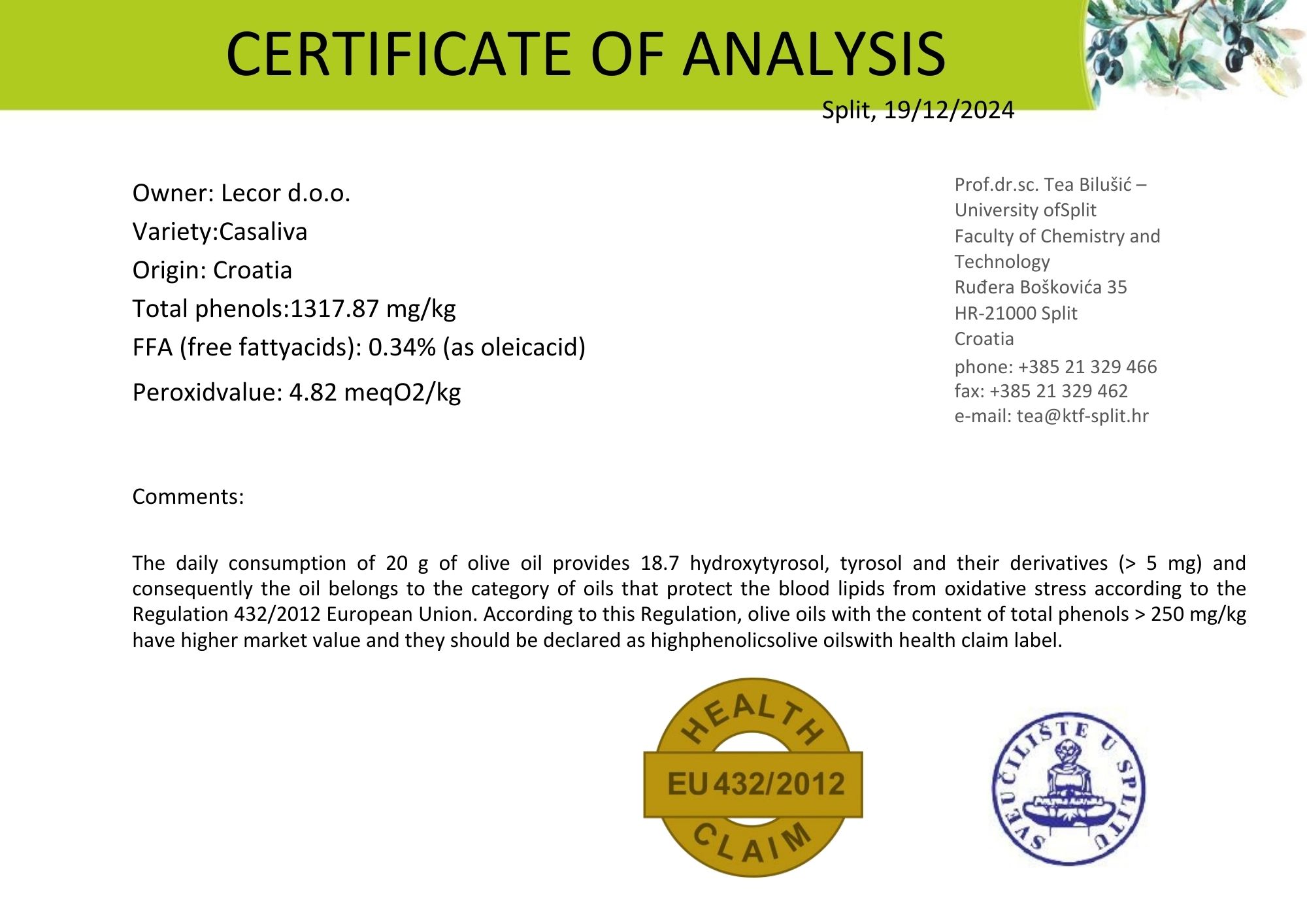 2024 olive harvest, oil chemical analysis