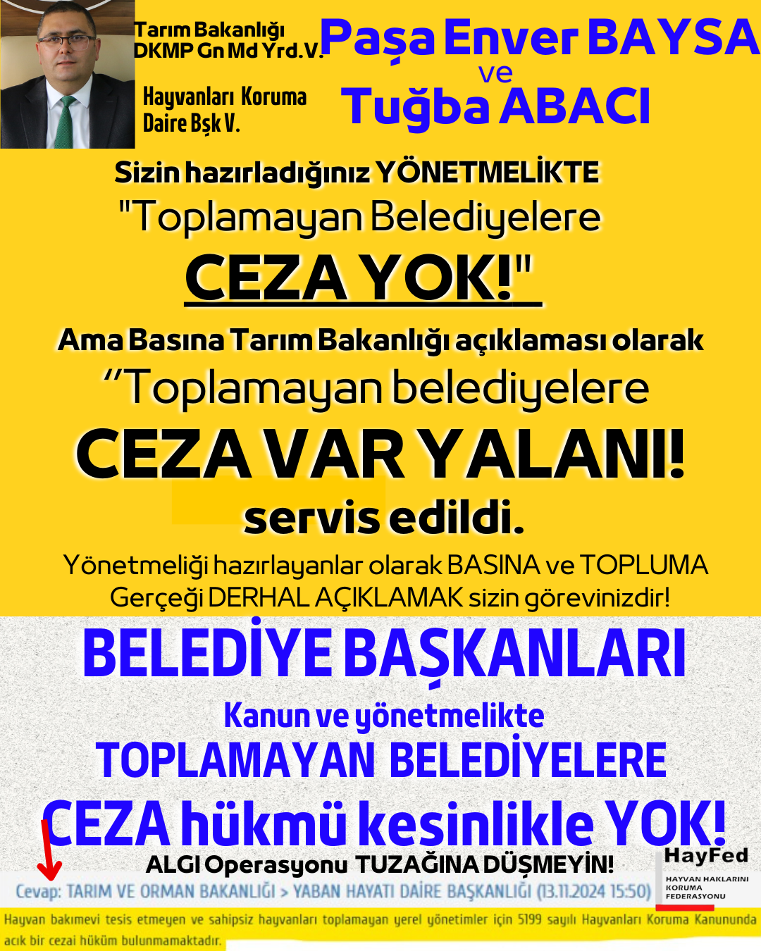 Tarım Bakanlığı DKMP Genel Md Yrd V. Paşa Enver Baysa ve Hayvanları Koruma Daire Bşk V. Tuğba Abacı, sizin hazırladığınız YÖNETMELİKTE "Toplamayan Belediyelere CEZA YOK!"..Ama Basına Tarım Bakanlığı Açıklaması olarak''Toplamayan Belediyelere CEZA VAR YALANI!'' servis edildi.