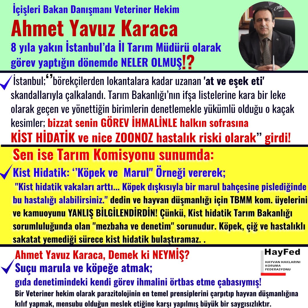 Ahmet Yavuz Karaca, Tarım Komisyonu sunumunda; "Kist hidatik vakaları arttı... Köpek dışkısıyla bir marul bahçesine pislediğinde bu hastalığı alabilirsiniz." dedin. Herkesi YANLIŞ BİLGİLENDİRDİN! Çünkü, kist hidatik "köpek sorunu" değil, "mezbaha ve kaçak kesim denetimi" sorunudur.