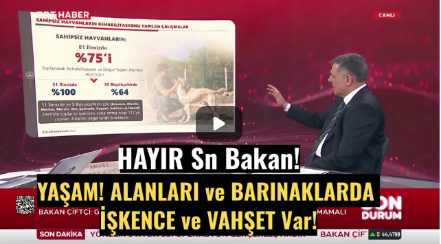 Sayın Bakan Mustafa Çiftçi, hayvanların “%75’i toplandı, 51 ilde tamamı toplandı, BAKILIYOR!” diyorsunuz…HAYIR Sayın Bakan, her 4 hayvandan 3'ü YAŞAM! ALANLARI ve BARINAKLARDA İŞKENCE ve VAHŞET altında!