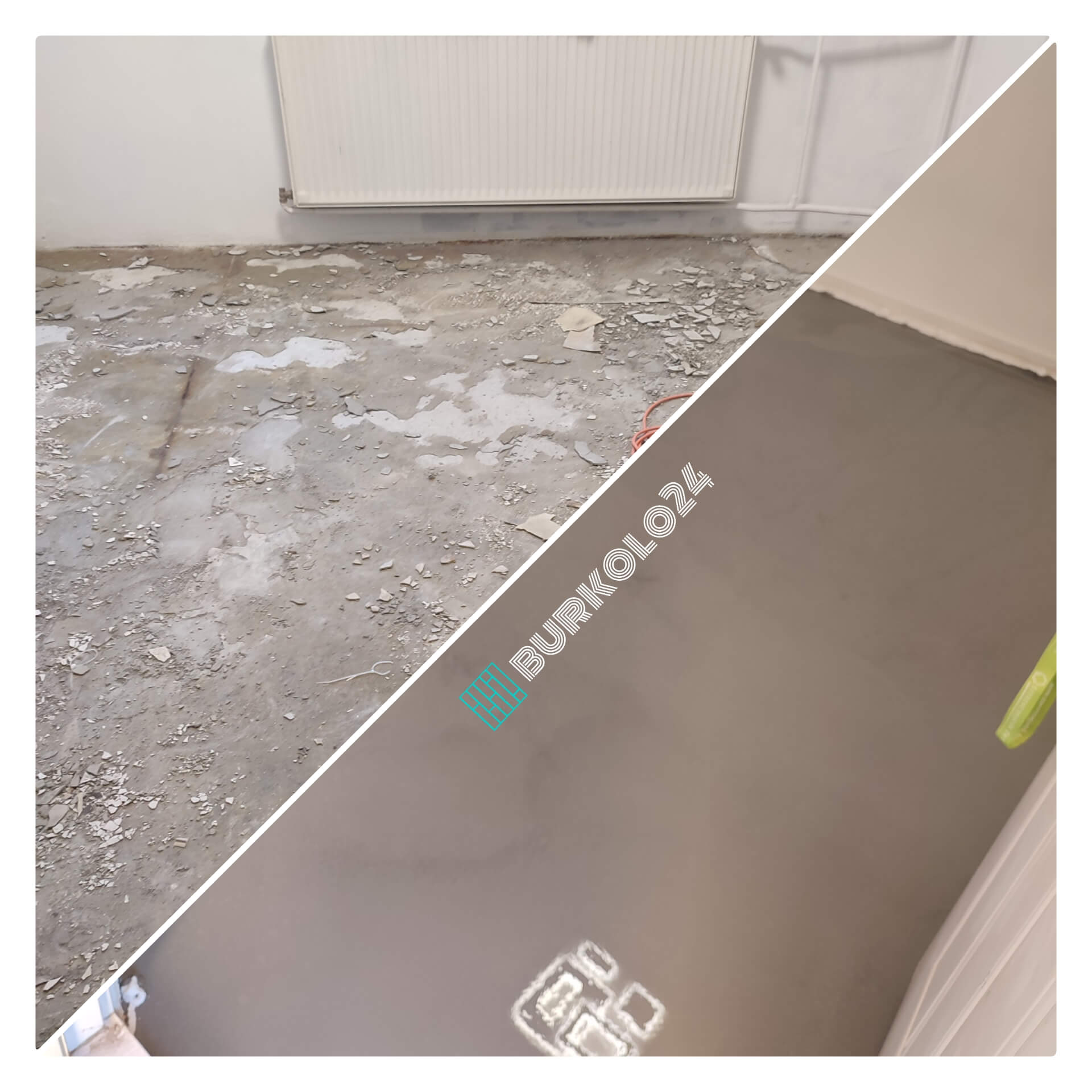 aljzatkiegyenlítés munka előtte-utána 14. kerületi lakásban