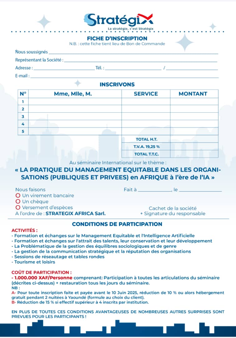 FICHE D'INSCRIPTION  AU SEMINAIRE INTERNATIONAL DE YAOUNDE