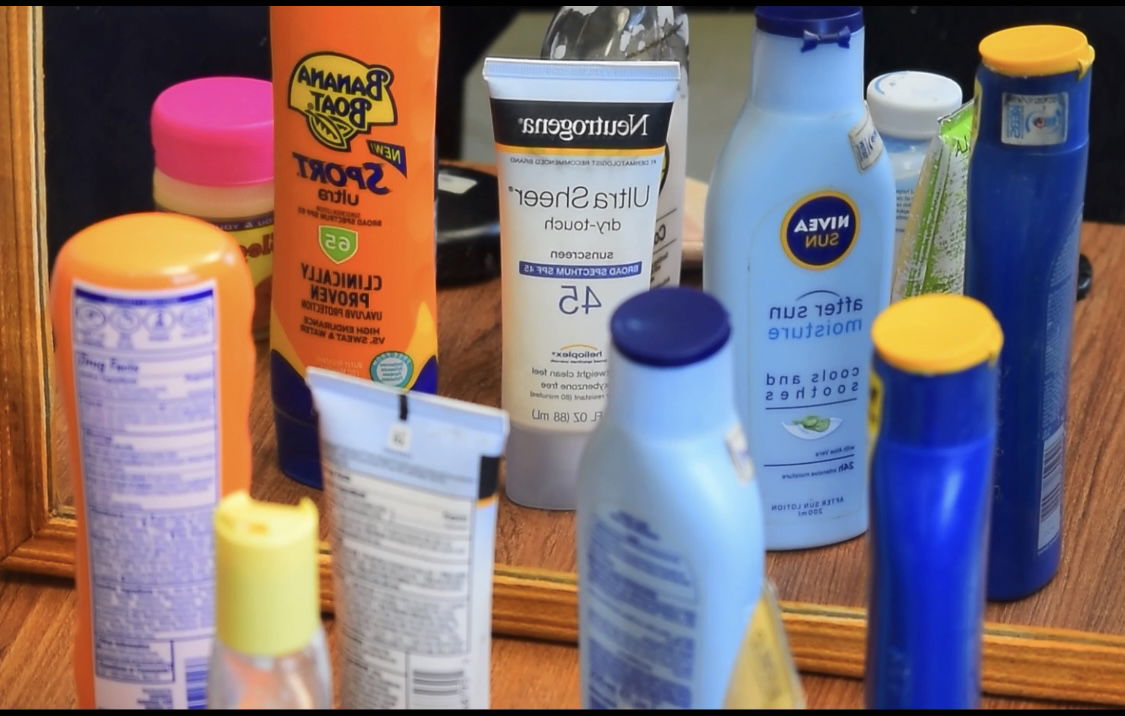 Variety of sunscreens on a dressing table infant a micro