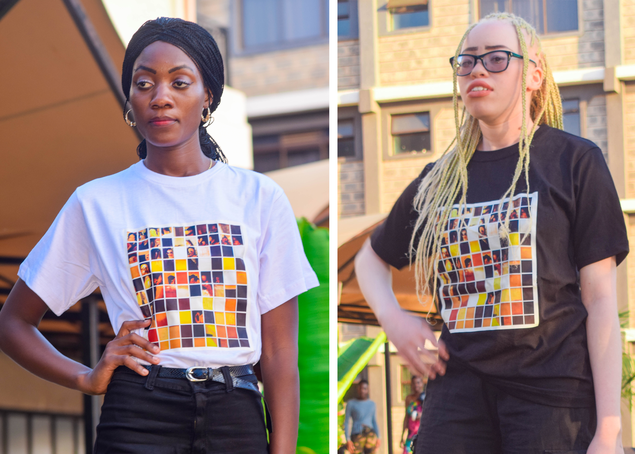 Two female models showcase the black albinism apparel, One is a dark toned lady wearing a white T and the other is a light toned model wearing a black T