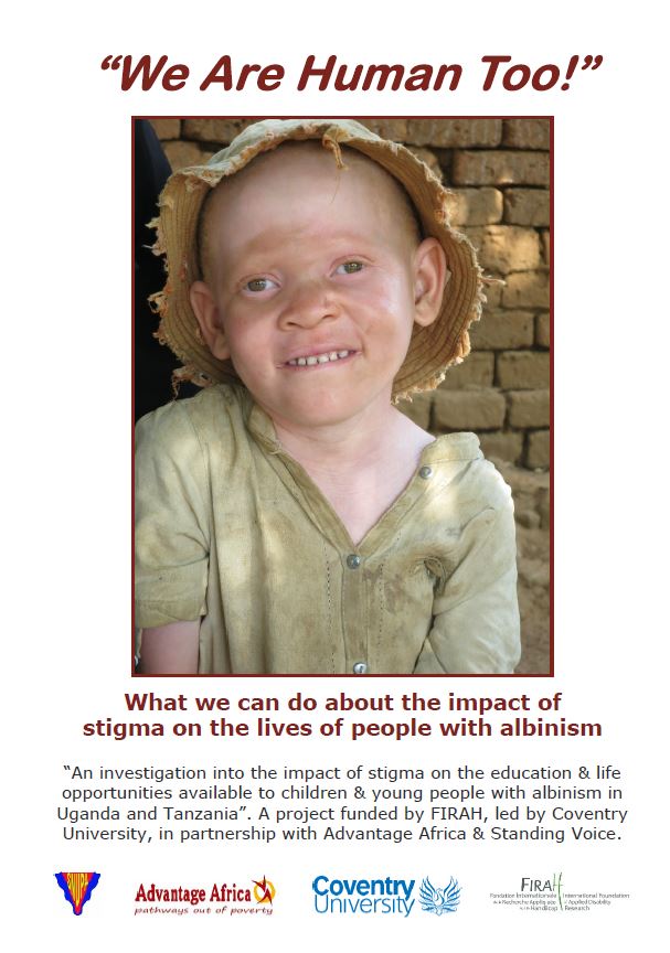 A cover picture of the document "We Are Human Too" with a kid with albinism on the front page