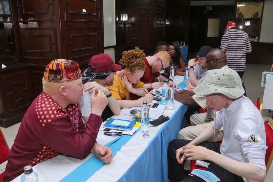 A picture of persons with albinism at a table during a conference held by the Africa Albinism Network.