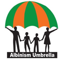 A picture of na umbrella with people beneath it, a logo of the Albinism Umbrella