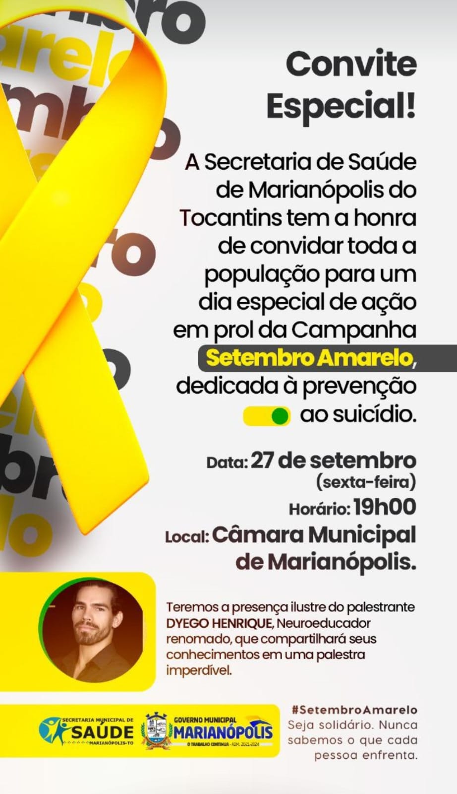 Setembro Amarelo é realizado em Marianópolis com palestra de Dyego Henrique