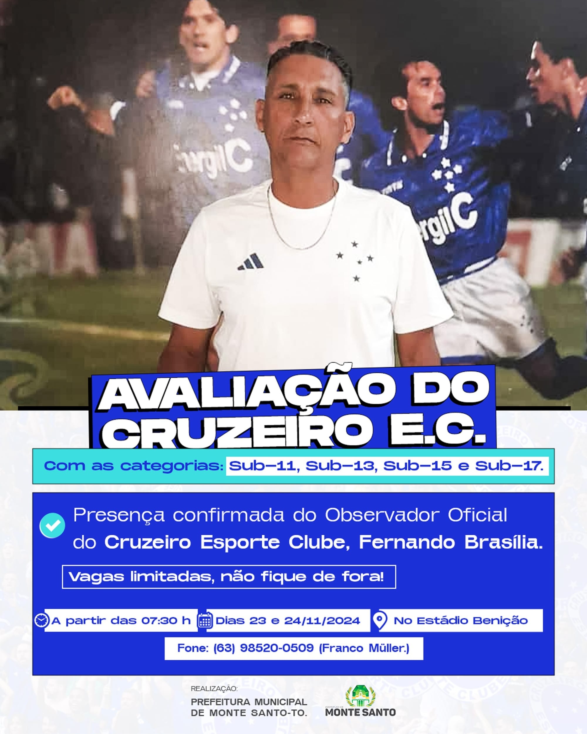 Prefeitura de Monte Santo do Tocantins dará suporte estrutural para a Peneira do Cruzeiro Esporte Clube no estádio Benição