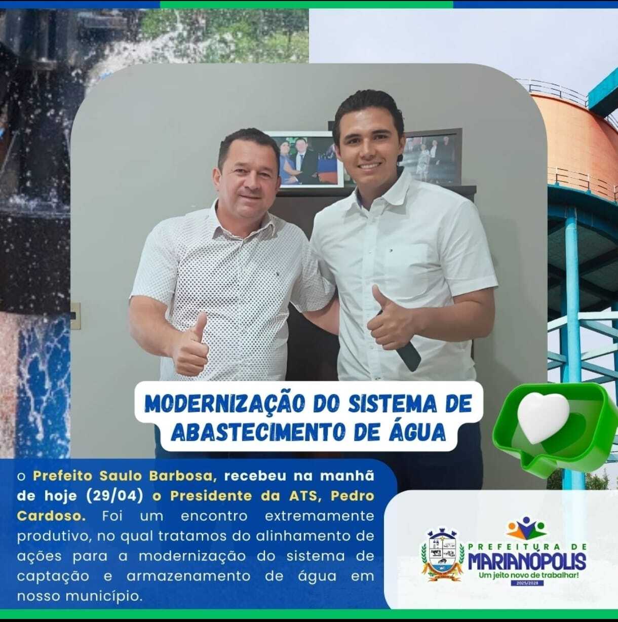 Prefeito Saulo Barbosa recebe presidente da ATS para tratar da modernização do sistema de abastecimento de água em Marianópolis do Tocantins