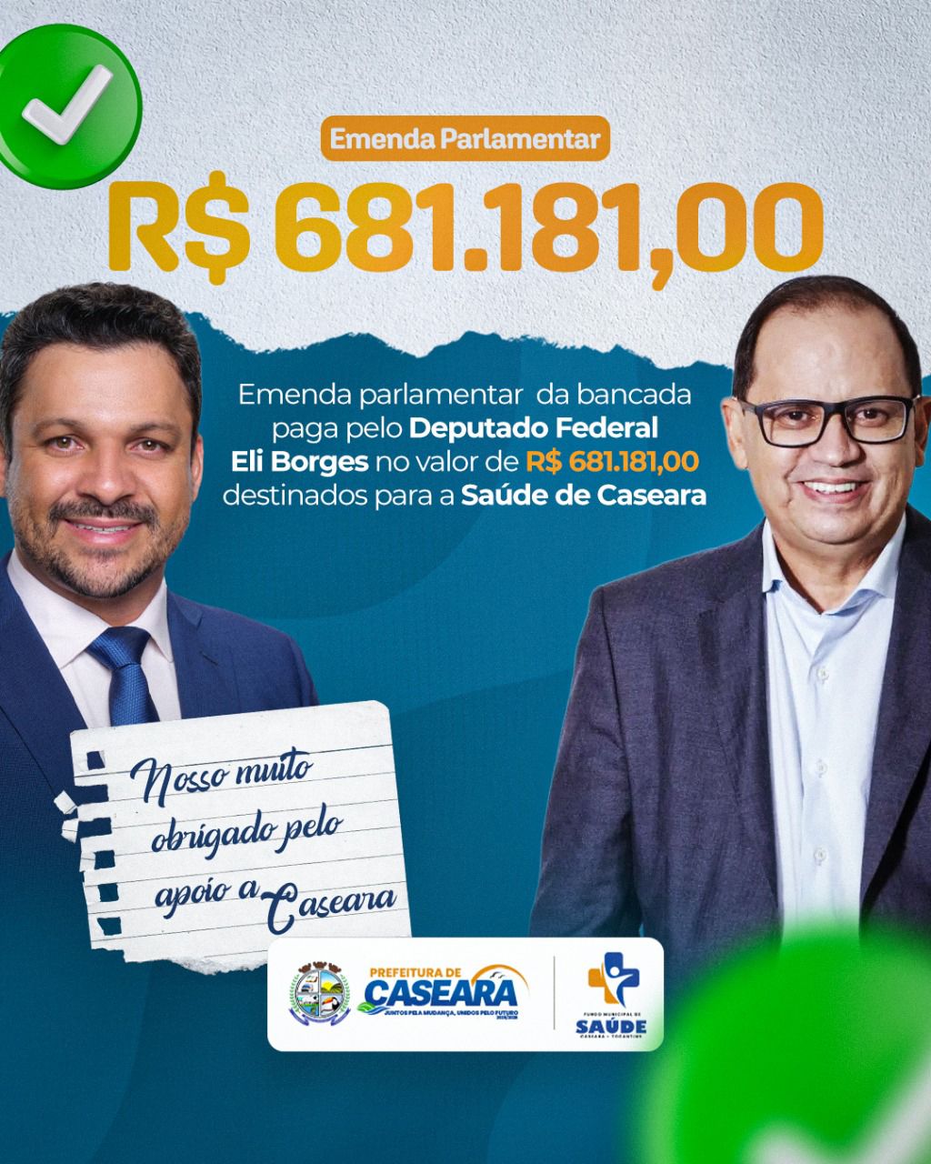 Caseara garante R$ 681 mil para a saúde por meio de emenda do deputado Eli Borges