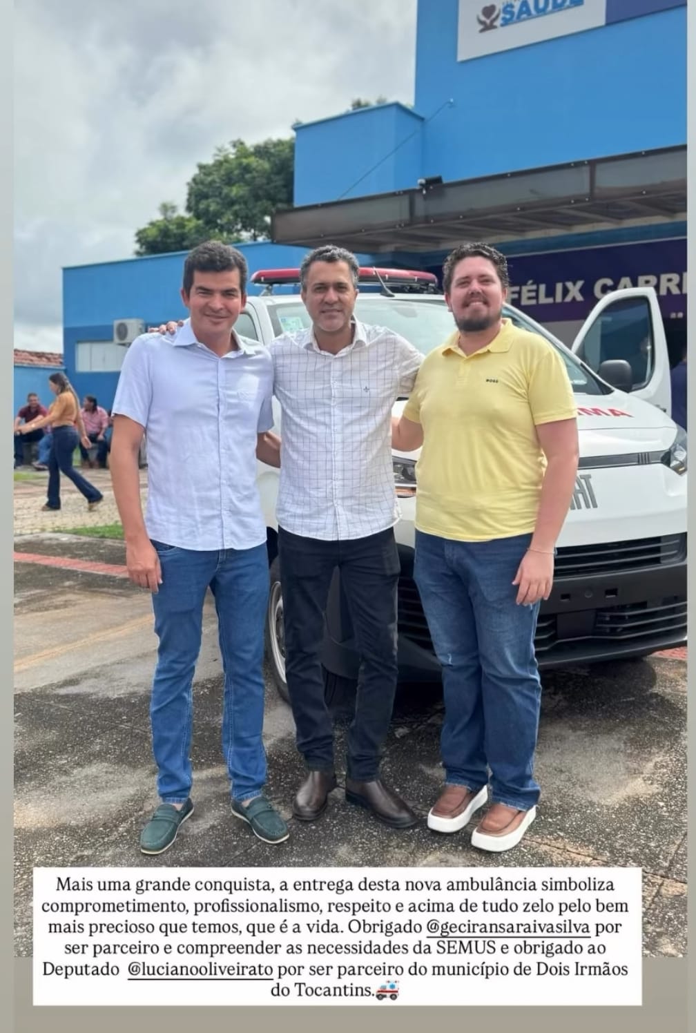 Emenda de Luciano Oliveira garante nova ambulância para a saúde de Dois Irmãos do Tocantins