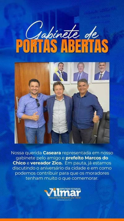Prefeito de Caseara Marcos do Chico e vereador Zico se reúnem com deputado Vilmar e debatem ações do esporte e aniversário da cidade em junho