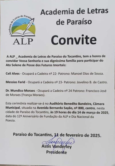 Academia de Letras de Paraíso do Tocantins, dará posse a três novos ingressantes