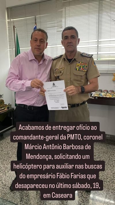 Deputado Dr. Danilo Alencar pede reforço na estrutura inclusive o helicóptero da PM  nas buscas do empresário Fábio Farias, de Paraíso do Tocantins