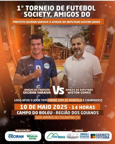1º Torneio de Futebol Society reunirá amigos do Prefeito Irmão Geciran e do Deputado Wiston Gomes em Dois Irmãos do Tocantins