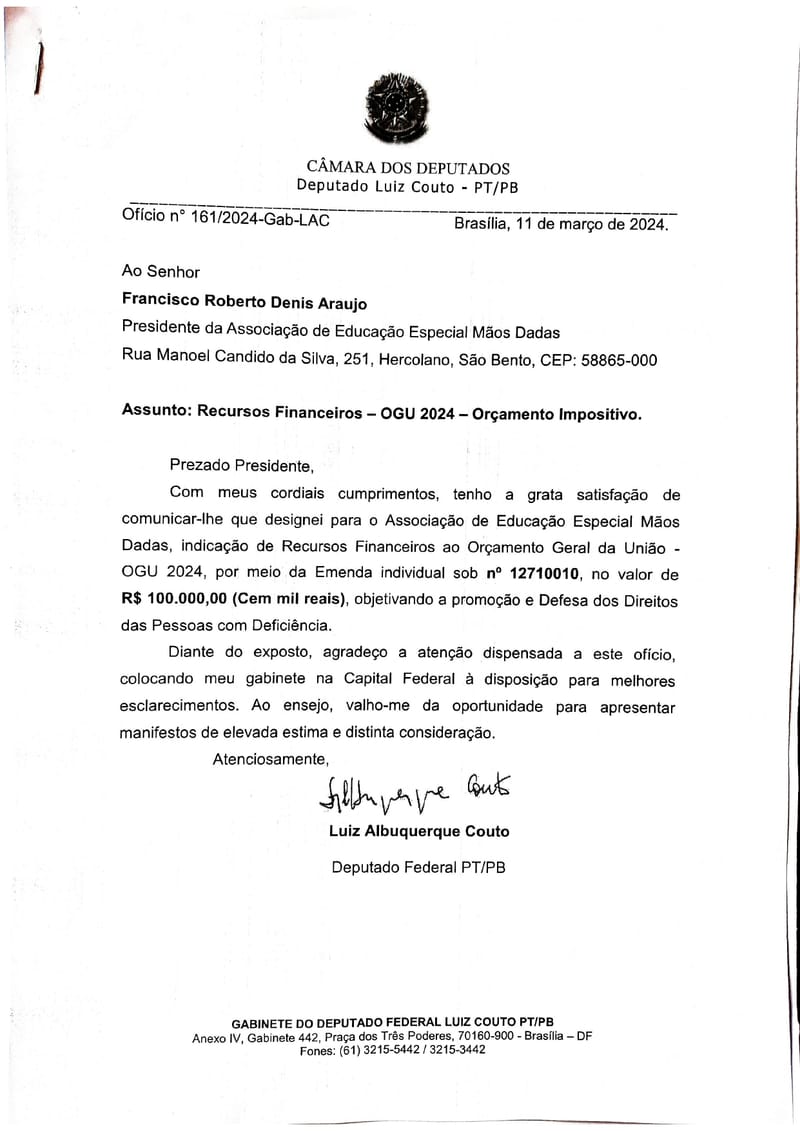 EMENDA PARLAMENTAR - Em Tramitação no Ministério dos Direitos Humanos.