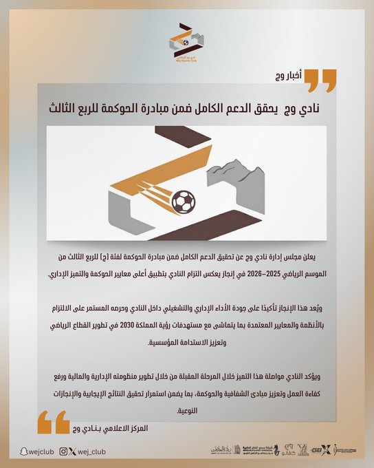 نادي وج يحقق الدعم الكامل ضمن مبادرة الحوكمة للربع الثالث على التوالي ✨