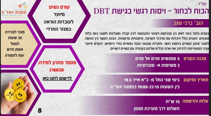 הכוח לבחור – ויסות רגשי בגישת DBT/ בהנחיית גב' ברכי שגב   216830