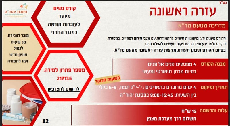 עזרה ראשונה/  בהנחייתמדריכה מטעם מד“א 217135