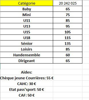 Tarifs saison 2024/2025