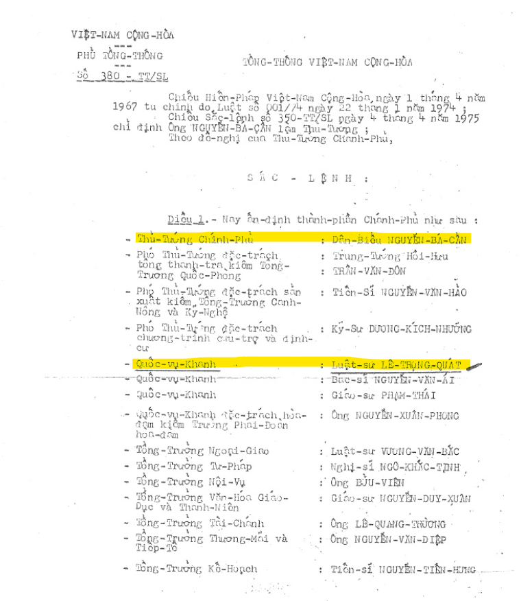 Sắc Lênh của cố Tổng Thống Nguyễn Văn Thiệu Bổ Nhiệm Cố Thủ Tướng Nguyễn Bá Cẩn và Luật Sư Lê Trọng Quát