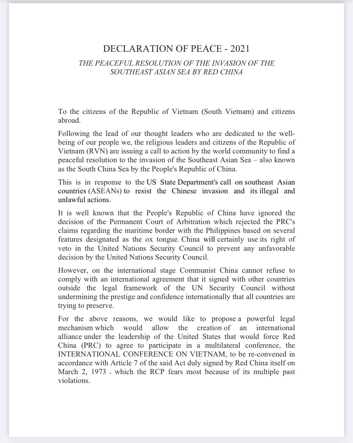 Tuyên ngôn hòa bình - Declaration of Peace 2021