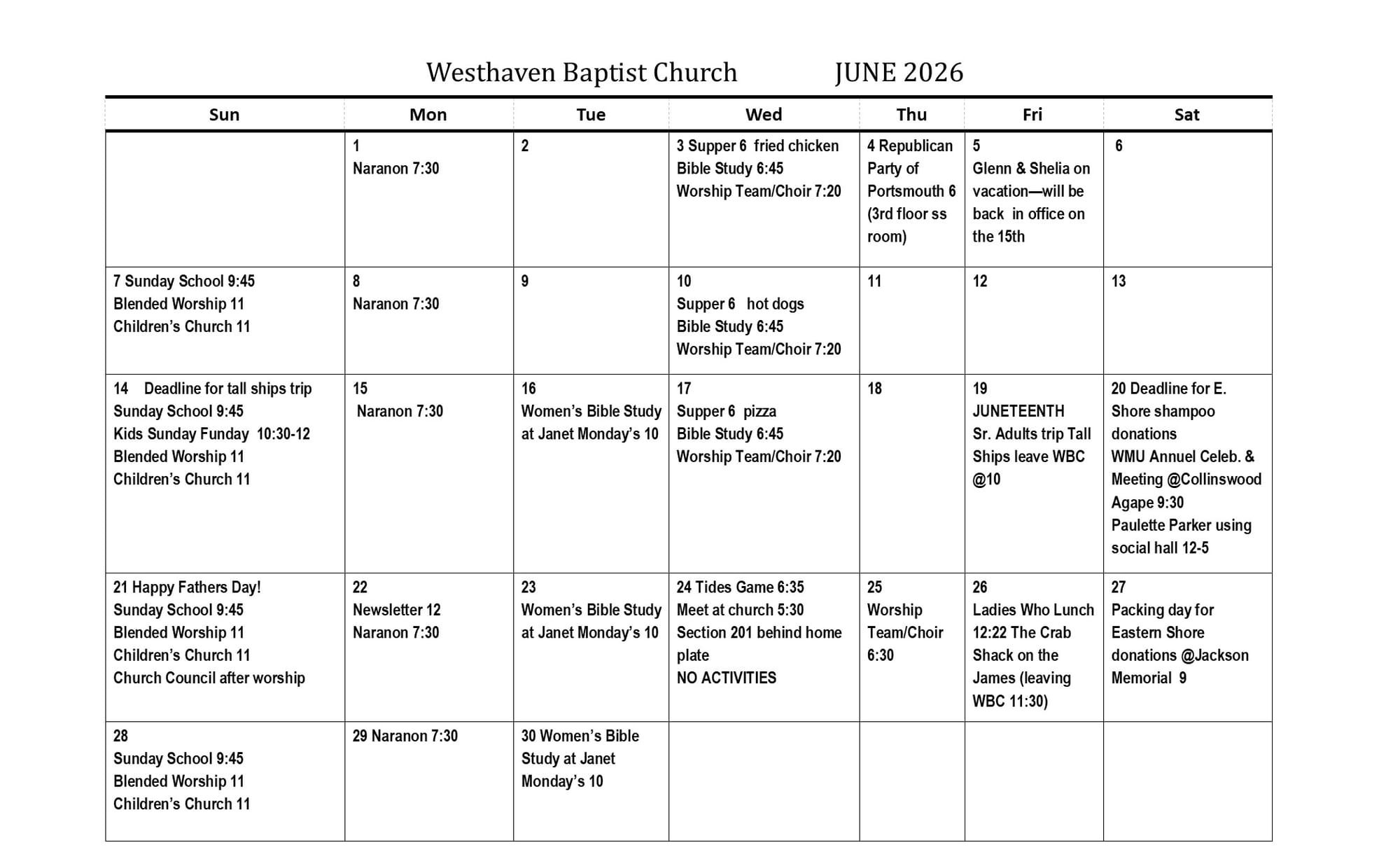 JUNE 2026 CALENDAR