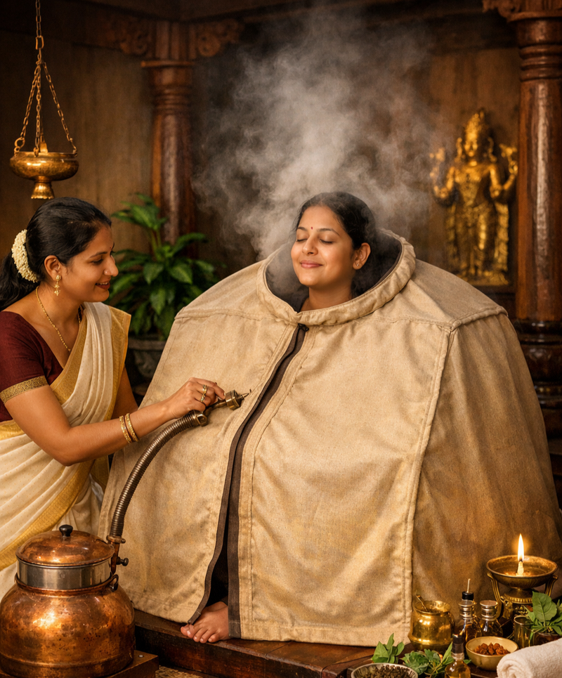 Swedana :    10 Euros                                                            Une séance de 15 minutes dans la tente de sudation à l’issue d’un massage udvartanam va permettre de potentialiser les vertus qu’apportent ces massages.