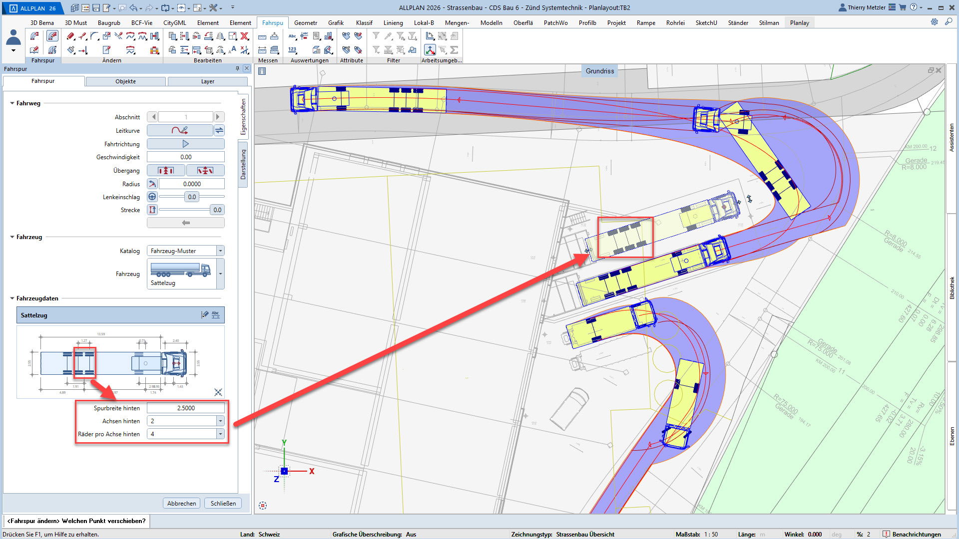 Fahrzeuggeometrie kann pro Schleppkurve angepasst werden
