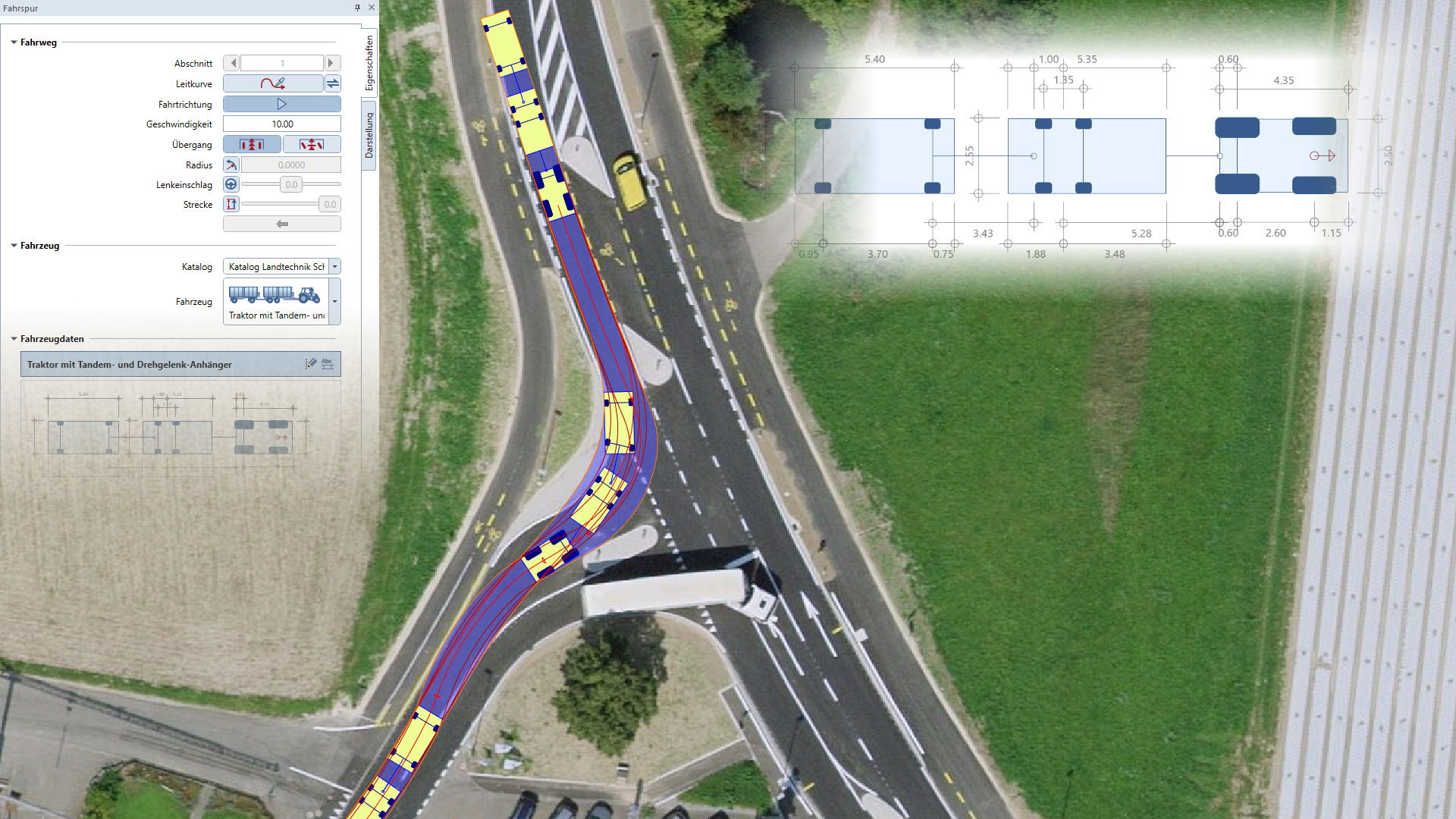 Traktor mit Tandem- und Drehgelenk-Anhänger