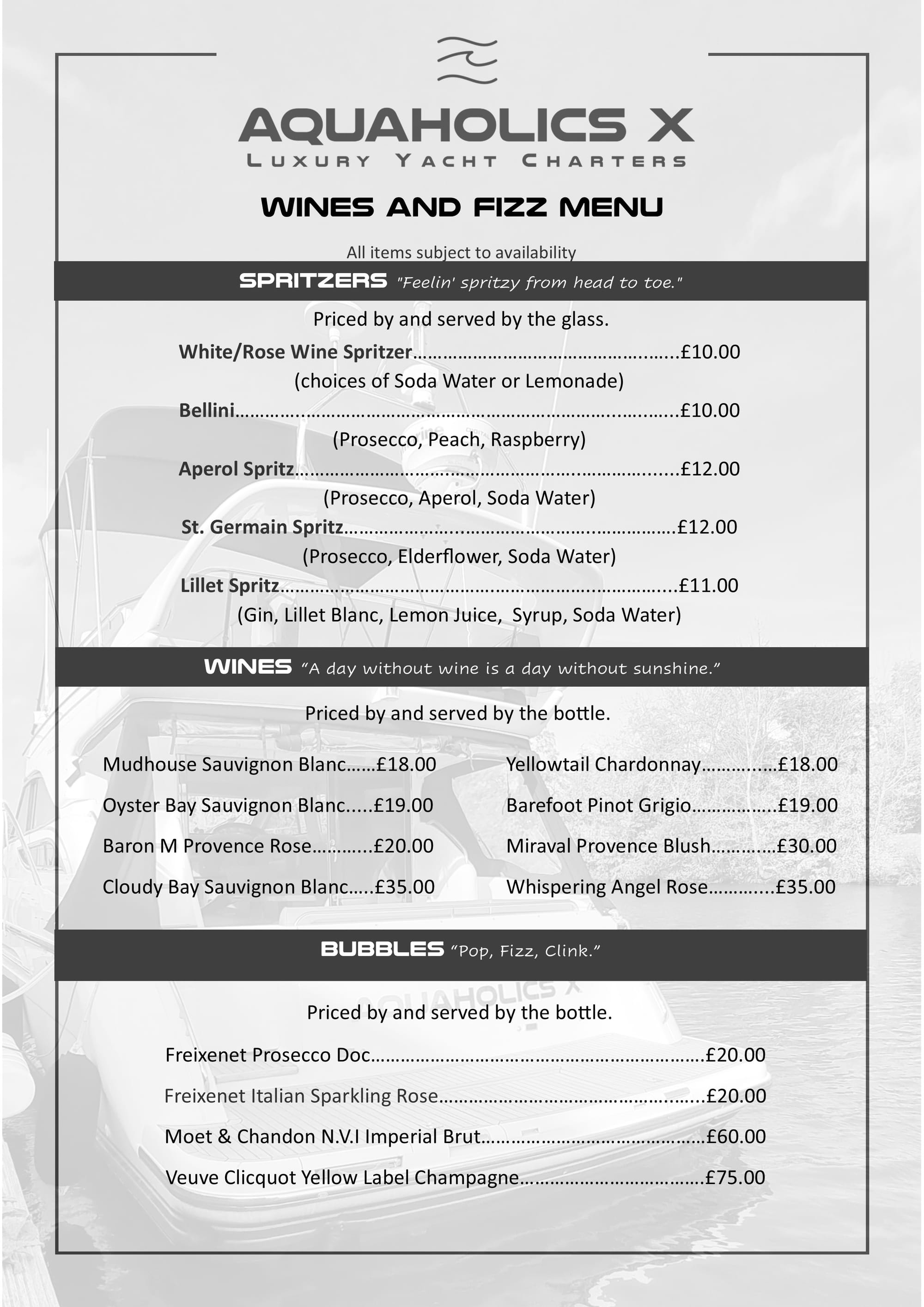 Wine and Fizz Menu