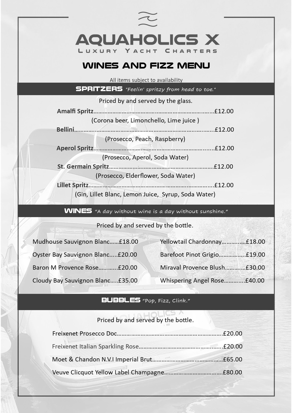 Wine and Fizz Menu