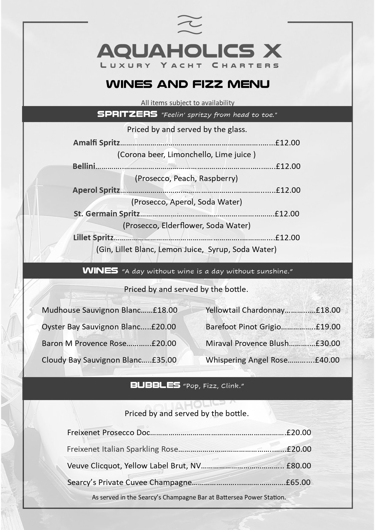 Wine and Fizz Menu