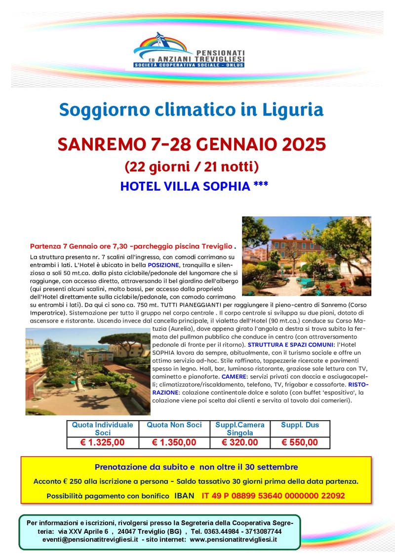 Soggiorno climatico a SANREMO 7-28 GENNAIO 2025