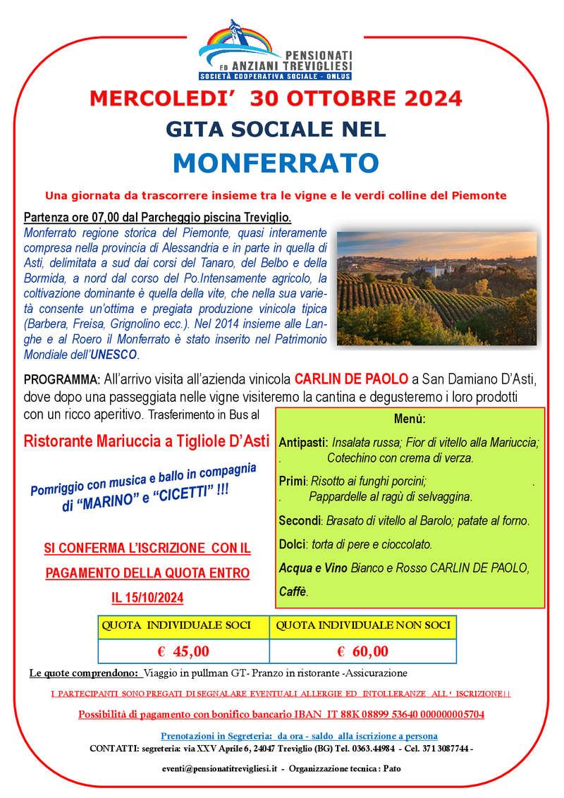 GITA SOCIALE NEL MONFERRATO - Mercoledì 30 Ottobre 2024