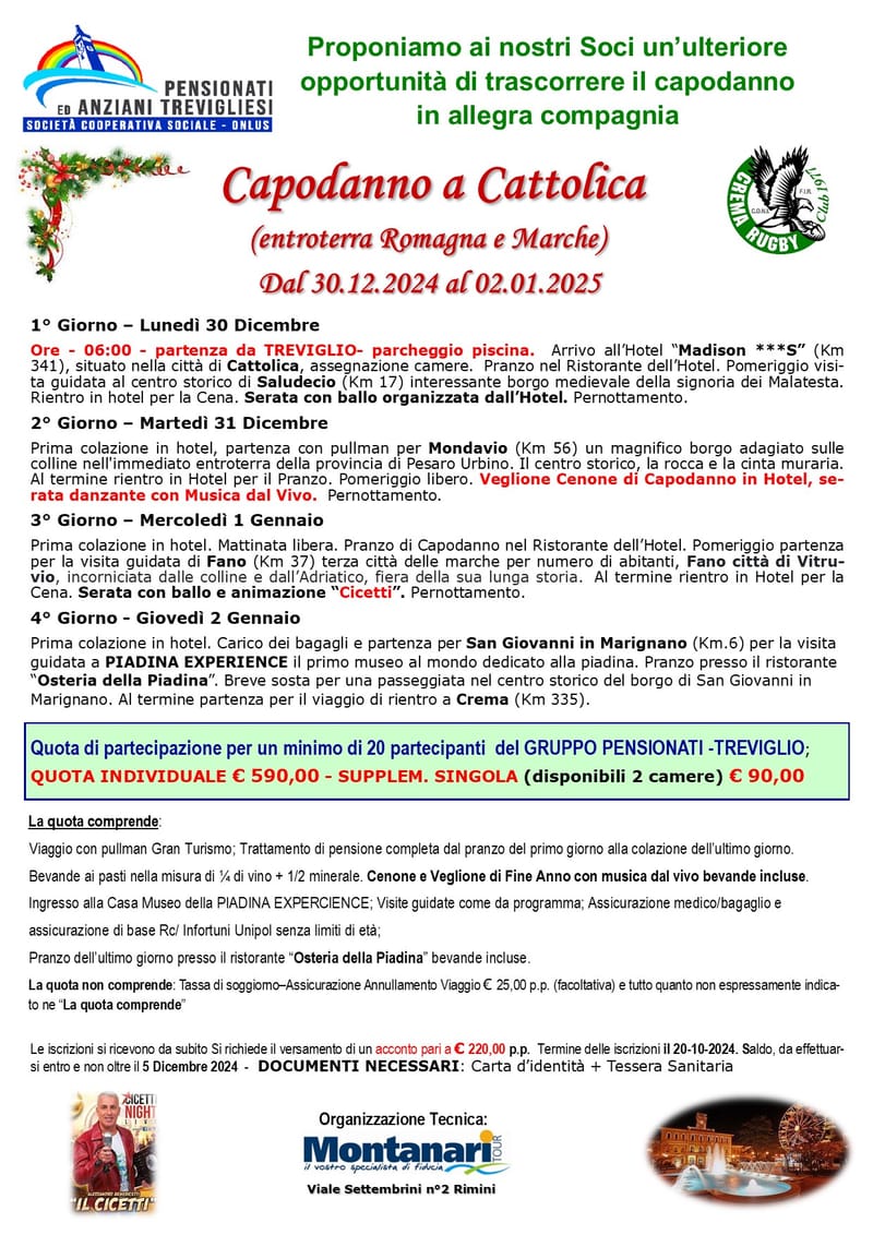 Capodanno a Cattolica   (entroterra Romagna e Marche)   Dal 30.12.2024 al 02.01.2025