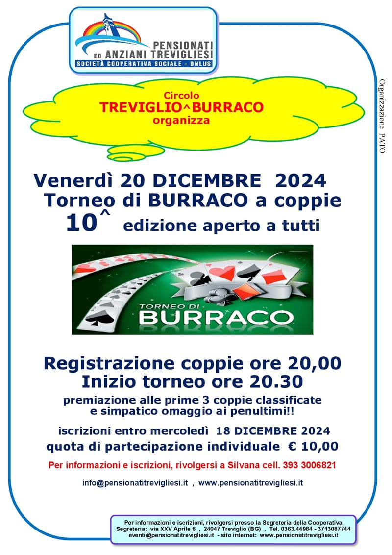 Torneo di BURRACO a coppie  10 ^  Edizione aperto a Tutti
