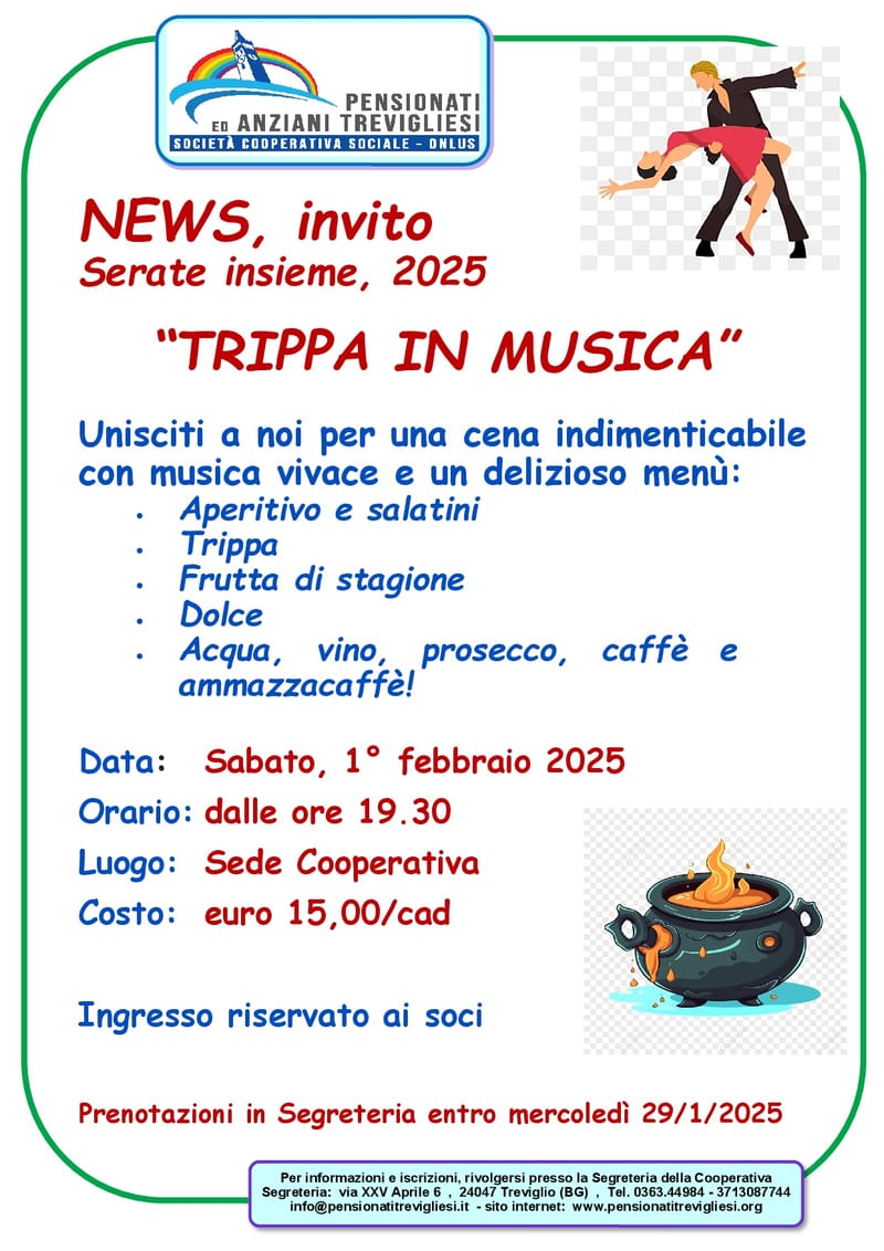 NEWS - Invito a SERATA INSIEME con "TRIPPA IN MUSICA" - Sabato 1° Febbraio 2025