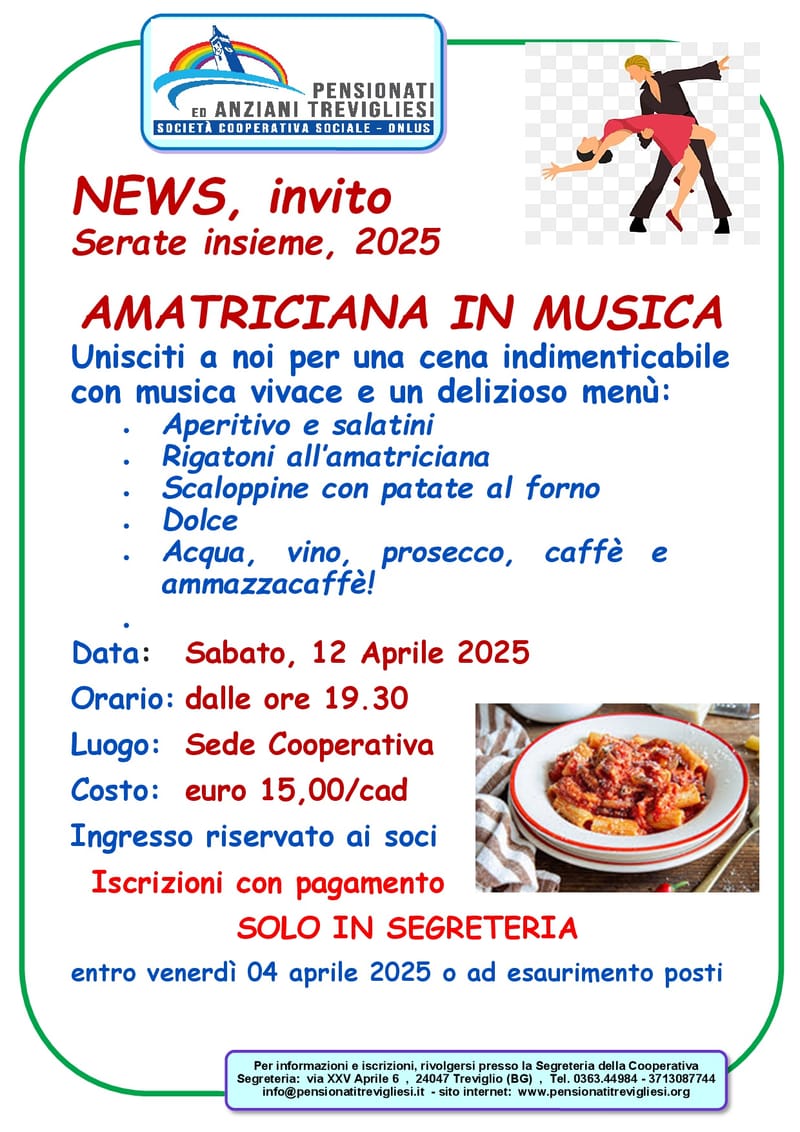 NEWS - Invito a SERATA INSIEME con "AMATRICIANA in MUSICA" - Sabato 12  Aprile 2025