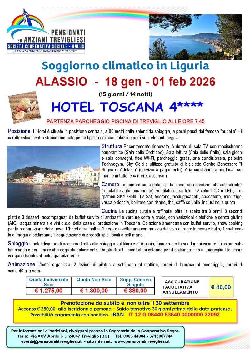 Soggiorno climatico ad ALASSIO - 18 Gen - 01  Feb 2026