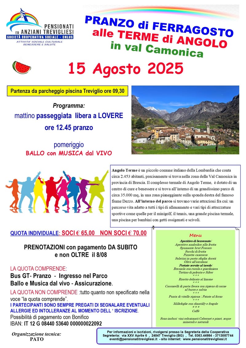 PRANZO di FERRAGOSTO  alle TERME di ANGOLO - 15 Agosto 2025