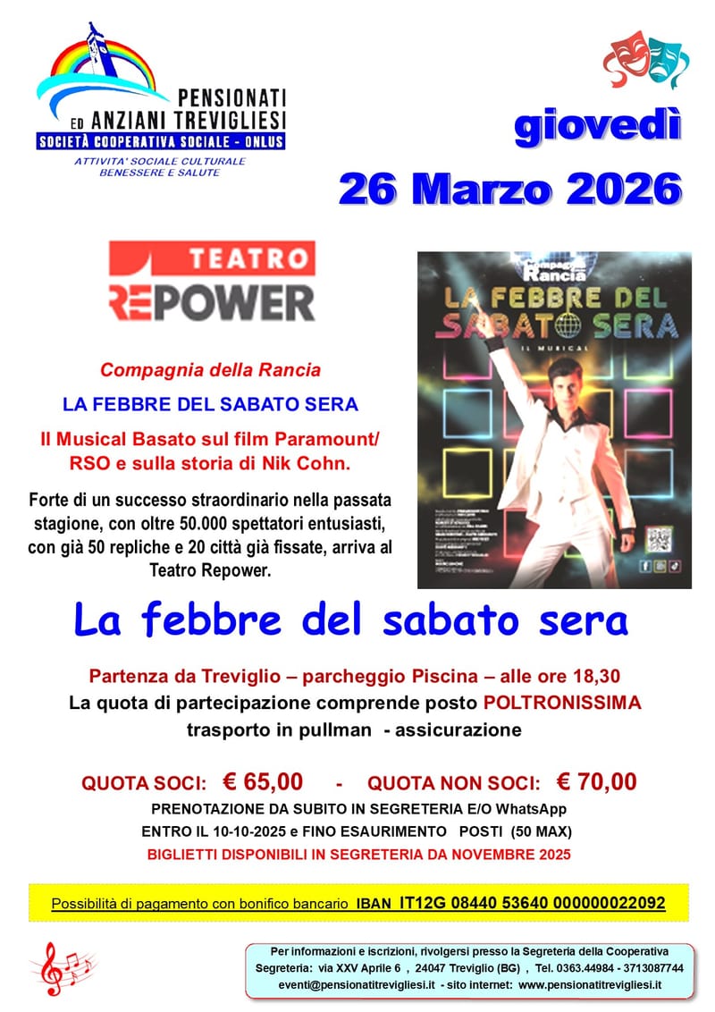 LA FEBBRE DEL SABATO SERA - Giovedi 26 MARZO 2026 - TEATRO  REPOWER