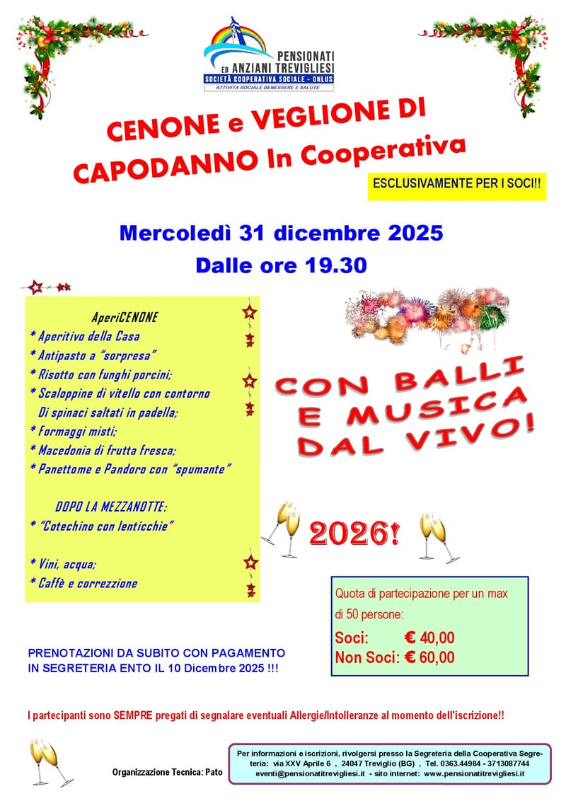 CENONE  e  VEGLIONE  DI  CAPODANNO  in  COOPERATIVA             31 Dicembre 2025