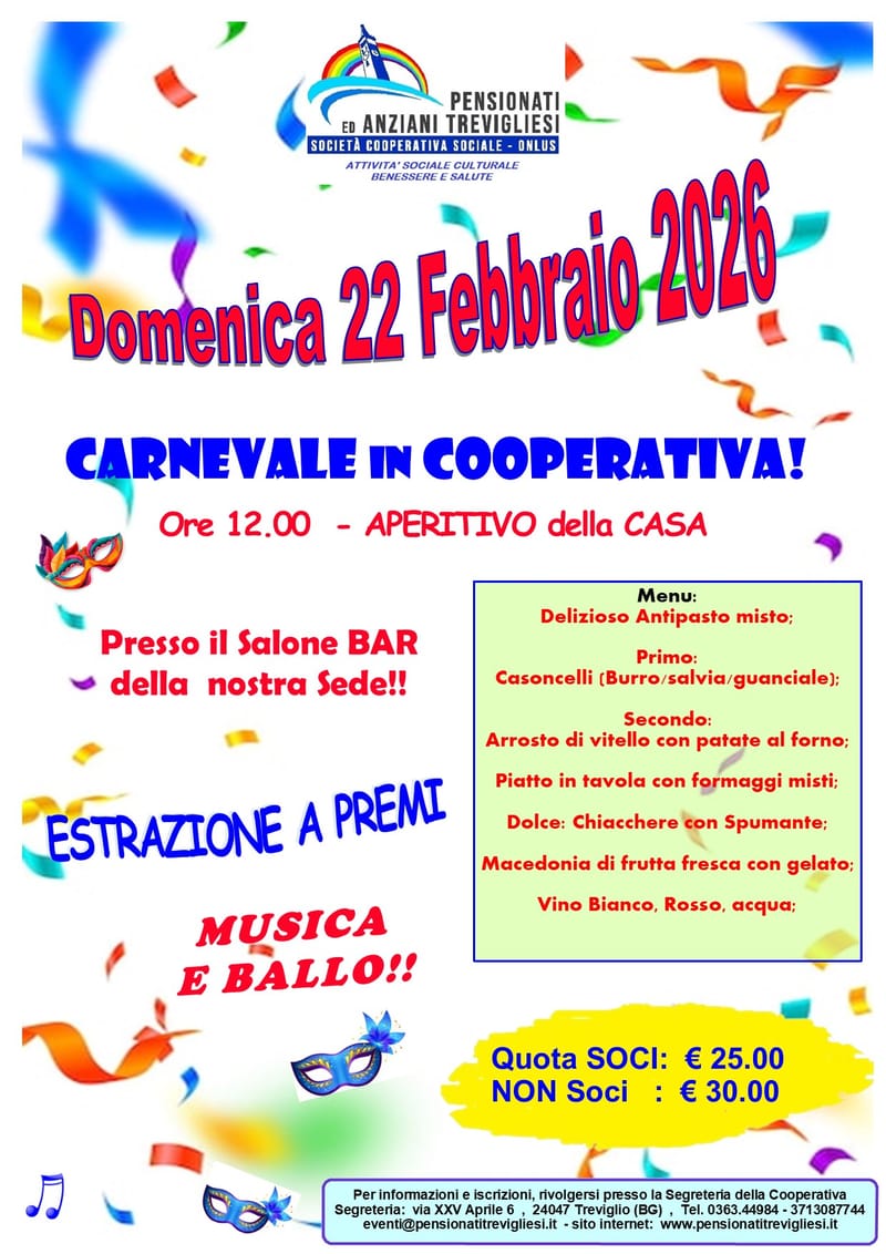 CARNEVALE IN COOPERATIVA! - Domenica 22 Febbraio 2026
